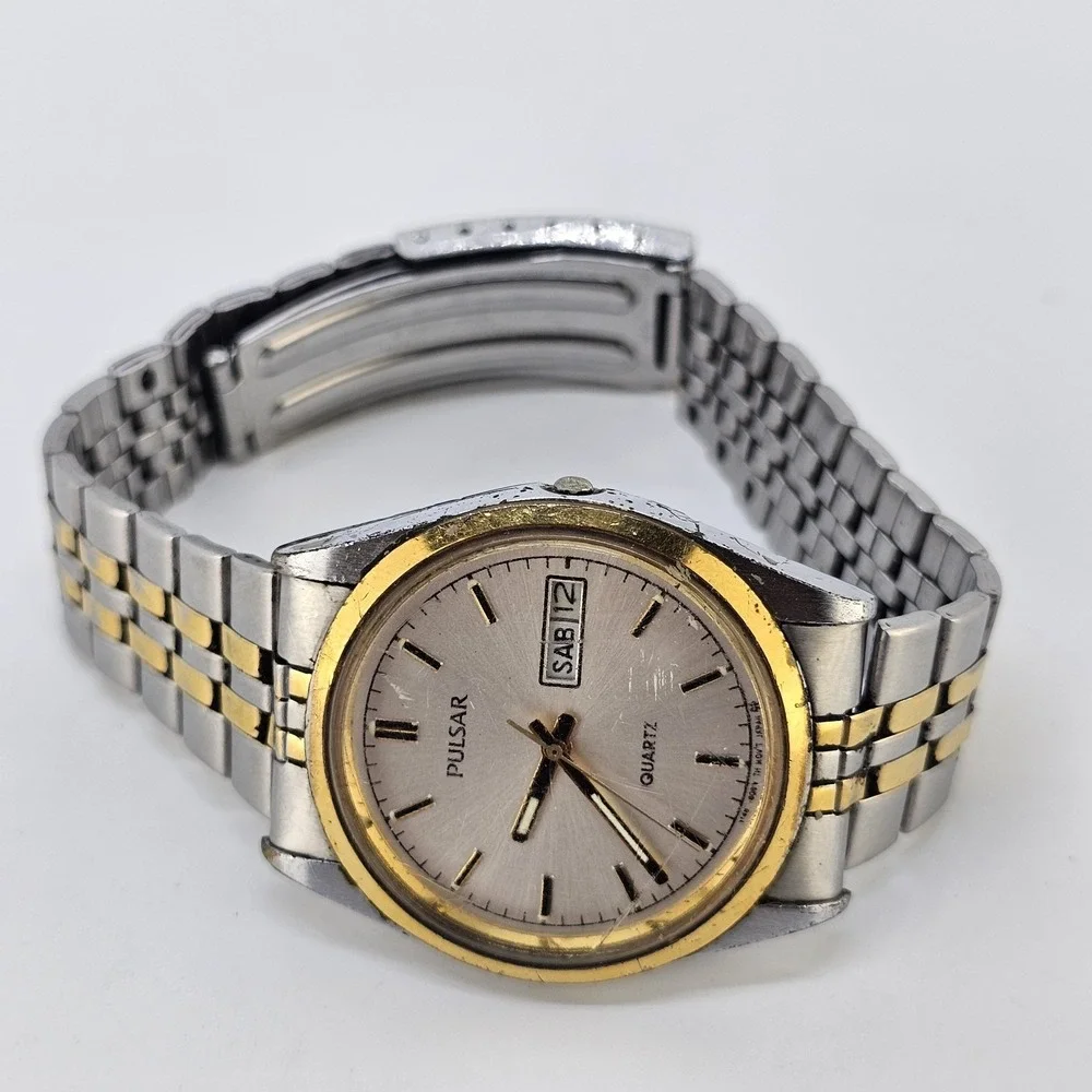 VTG Pulsar Men's Watch 35MM Gray Dial Day Date Two Tone Band 7.5